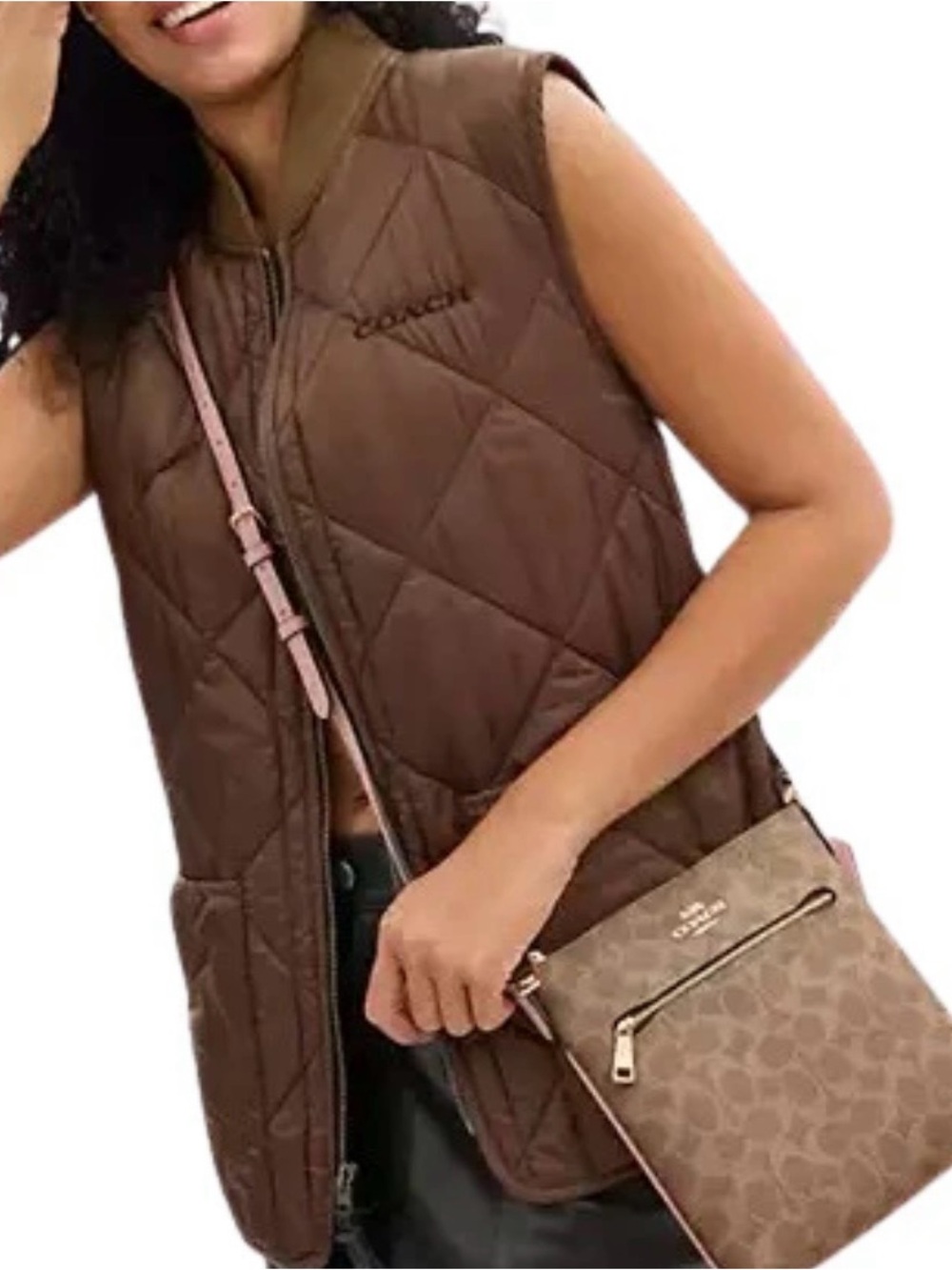 Coach New York Signature Canvas Crossbody Bag Khaki Pink Gold Hardware NWT